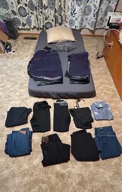 1 twin mattress 2 air mattress M size pants and shirts  1 pillow Clear storage bag