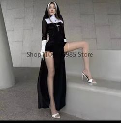 Sexy nun  Halloween costume .Black Long Robe, Sexy Anime Nun Dress and Uniform, Halloween Cosplay Costume for Adult Women