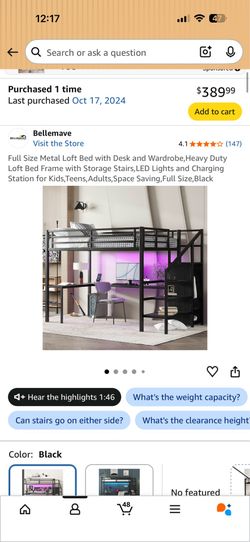 Full size metal loft bed with desk