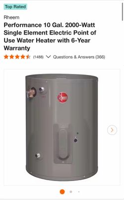 Rheem Performance 10 Gal. 2000-Watt Single Element Electric Point of Use Water Heater with 6-Year Warranty