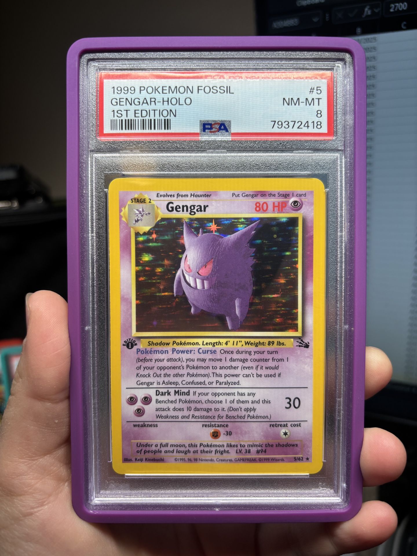 1st Edition Fossil Gengar Holo PSA 8