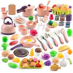 120Pcs Mini Play Kitchen Accessories, Kids Pretend Cooking Playset with Desserts, Cuttable Veggies & BBQ & Storage Basket, Educational Role-Play 