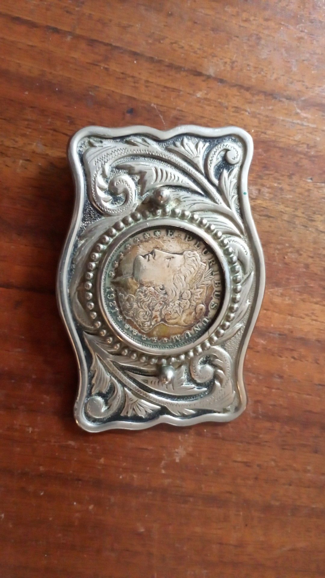 Silver Plate Western Buckle with Morgan Silver Dollar