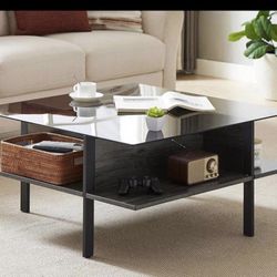 HALEY STORAGE BLACK GLASS TOP SQUARE COFFEE TABLE