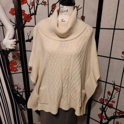 Black Rivat Ladies Cardigan Knit Cream Silver Metallic Poncho Cape. Size Medium