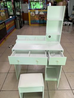 VANITY DESK WITH TWO DRAWERS AND SHELVING FOR STORAGE vanity desk set equipped with a cushioned stool, three main desktop drawers, built-in vertical