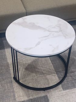 Round Coffee/Side Table with the White Faux Marble Laminated Top and Matte Black Base 24” in Diameter H18”
