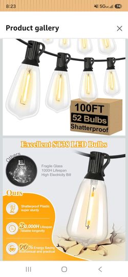 Brightever LED Outdoor String Lights 100FT Patio Lights with 52 Shatterproof ST38 Vintage Edison Bulbs, Outside Hanging Light Waterproof for Porch, De