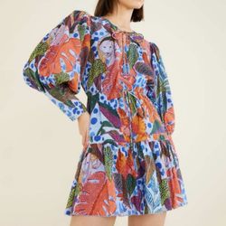 Farm Rio Tropical Botanical Print Puff Sleeve Mini Dress Multicolor Size S