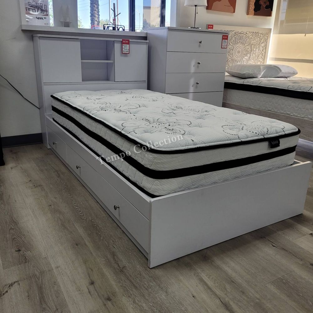 Full Size Chest Bed(3-Drawer) with Bookcase Headboard, White Color, SKU#10Y5001/2F