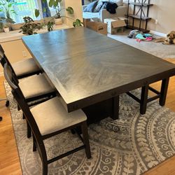 Large Dining Table w/ Cabinet Storage + Storage bench, 3 Chairs & Extender