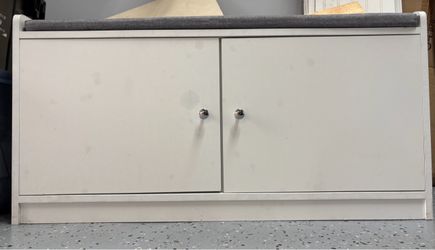White Storage Bench with Grey Cushion on Top