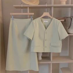 Korean Style Light Green Blazer Jacket And Skirt Suit