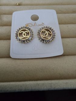 Gold CC Logo Crystal Stud Earrings