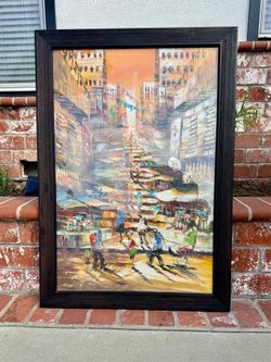 Framed Painting w/ Glass - Abstracted Asian Marketplace