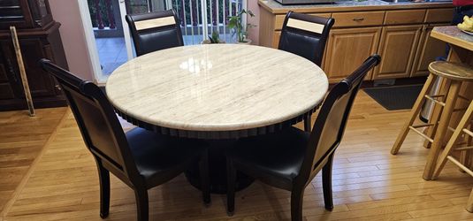 Modern Round Travertine-Style Dining Table + 4 Leatherette Chairs – $350 Negotiable