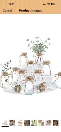 Glass Flower Vases for Centerpieces, 12Pcs Vintage Small Clear Bud Vase for Flowers Mini Crystal Decorative Bottle with Hemp Rope Bows for Housewarmin