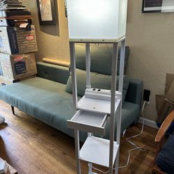 Barely USED — Dimmable Floor Lamp with Shelves,Modern Solid Wood Standing Lamp Shelf with 1 Drawer and 2 USB Ports
