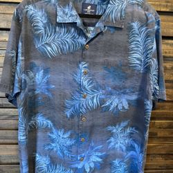Caribbean Joe Hawaiian Shirt 100% SILK Mens LRG Blue Gray Floral Palm Leaves