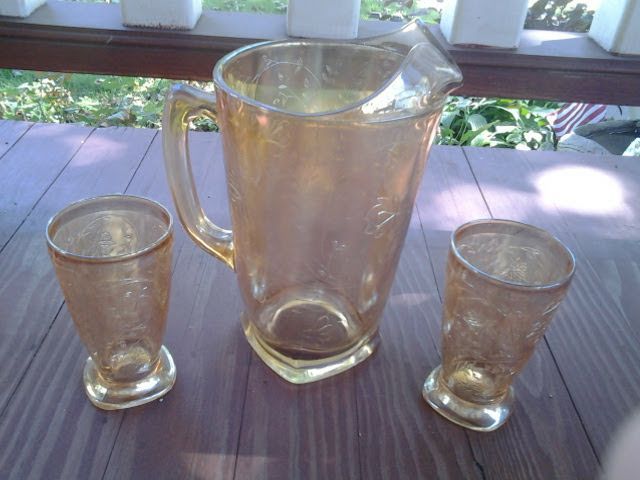 Carnival Glass pitcher two glasses