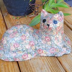 12" Decoupage With Plaster Chalk Ware Cat With Fabric