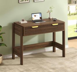 34 Inch Small Fluted Computer Desk with Drawer , Wooden Desks Compact Writing Study Table for Vanity Desk Small Spaces, Walnut