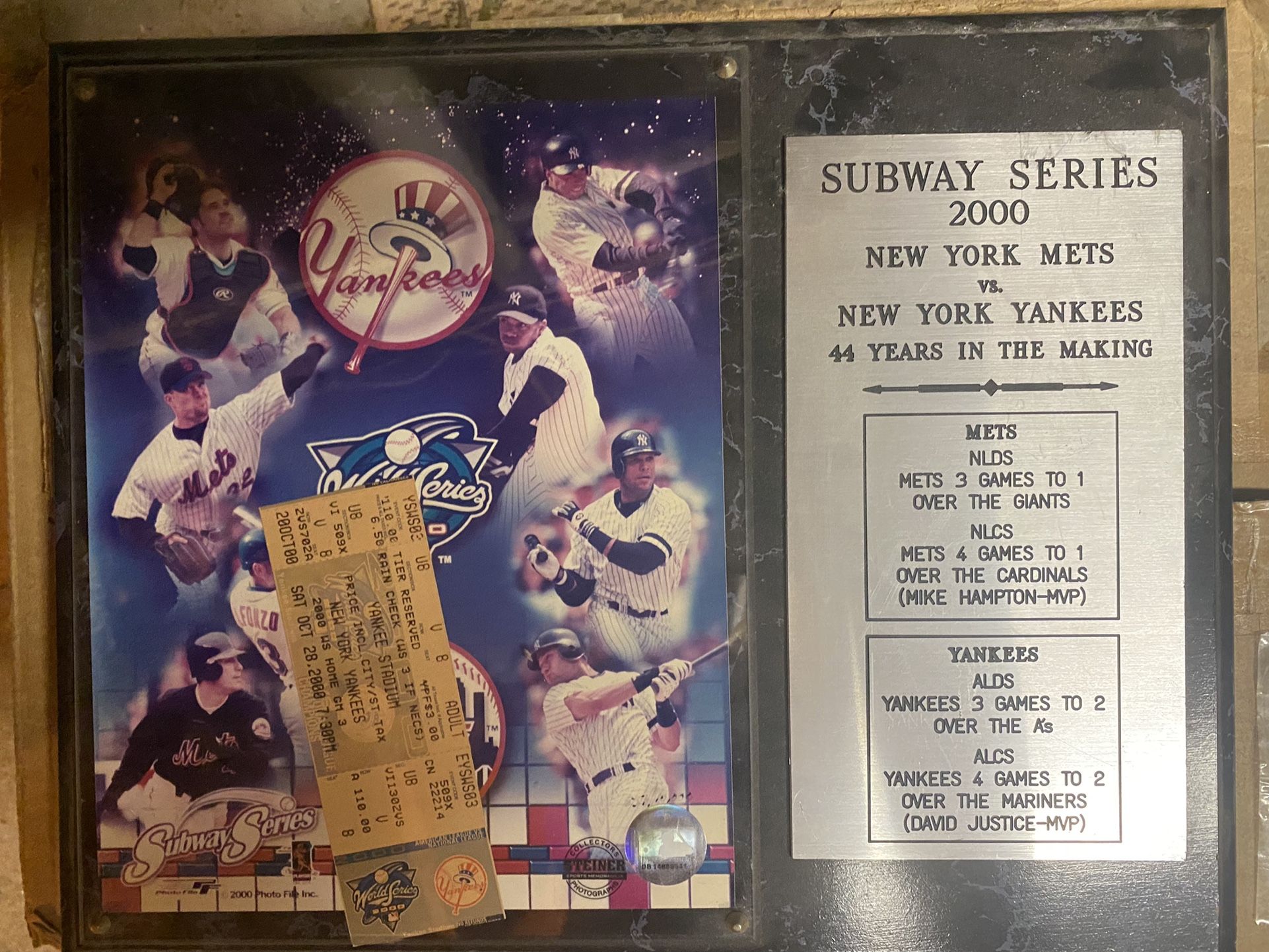 2000 Yankee And Mets Subway Series Plaque With Game Ticket