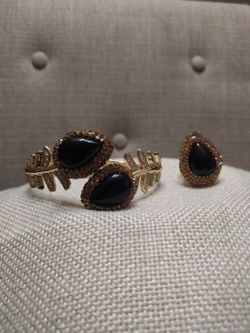 Gold-Tone Black Stone Cuff Bracelet and Ring Set
