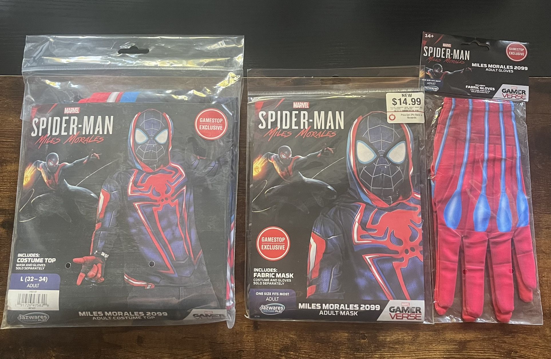 NEW Marvel Spider-Man Miles Morales 2099 Adult Costume Set Top-L , GLOVES & MASK