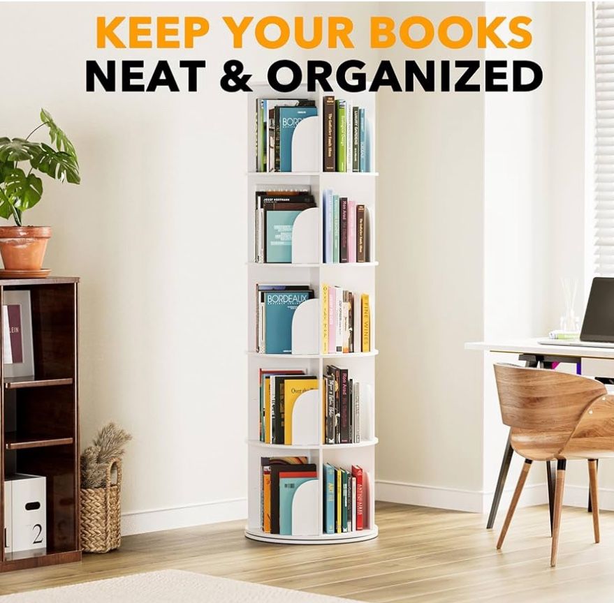 SpaceAid 5 Tier Rotating Bookshelf Tower, Spinning Bookcase Lazy Susan, Revolving 360 Book Shelf Storage Round Carousel, Vertical Rotate Turning Spira