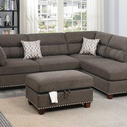 Brand New Tan Velvet Reversible Sectional Sofa With Storage Ottoman
