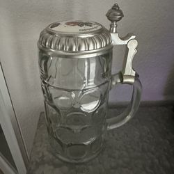 Stamped Lid Clear Glass German Beer Stein