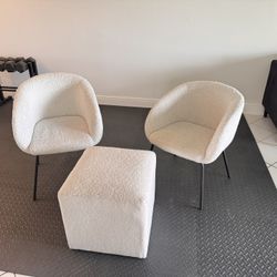 Luxury Two White Chair + Ottoman Set