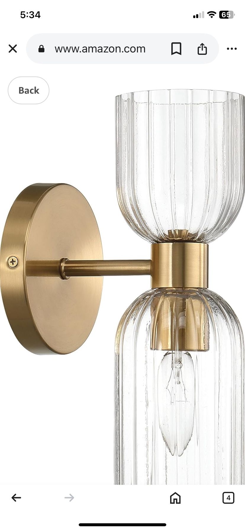 Josephine - Mid-Century Modern Metal and Clear Ribbed Glass Wall Light, Brushed Gold