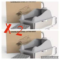 TWO stainless steel cat litter boxes large cat tray W Litter Catch Trays Scoop Tail