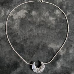 Sterling Silver 925 Italy 1.5mm Diamond Cut Curb Necklace Chain 8.82g & Vintage Crescent Pentacle Pentagram Pendant 