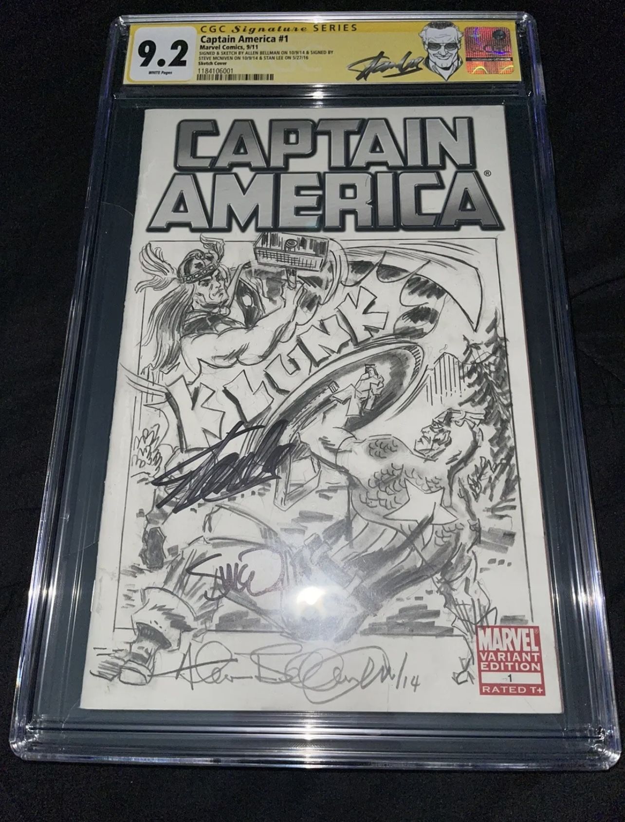 CAPTAIN AMERICA #1 CGC SS 9.2 ALLEN BELLMAN SKETCH signed by STAN LEE & STEVE MCNIVEN