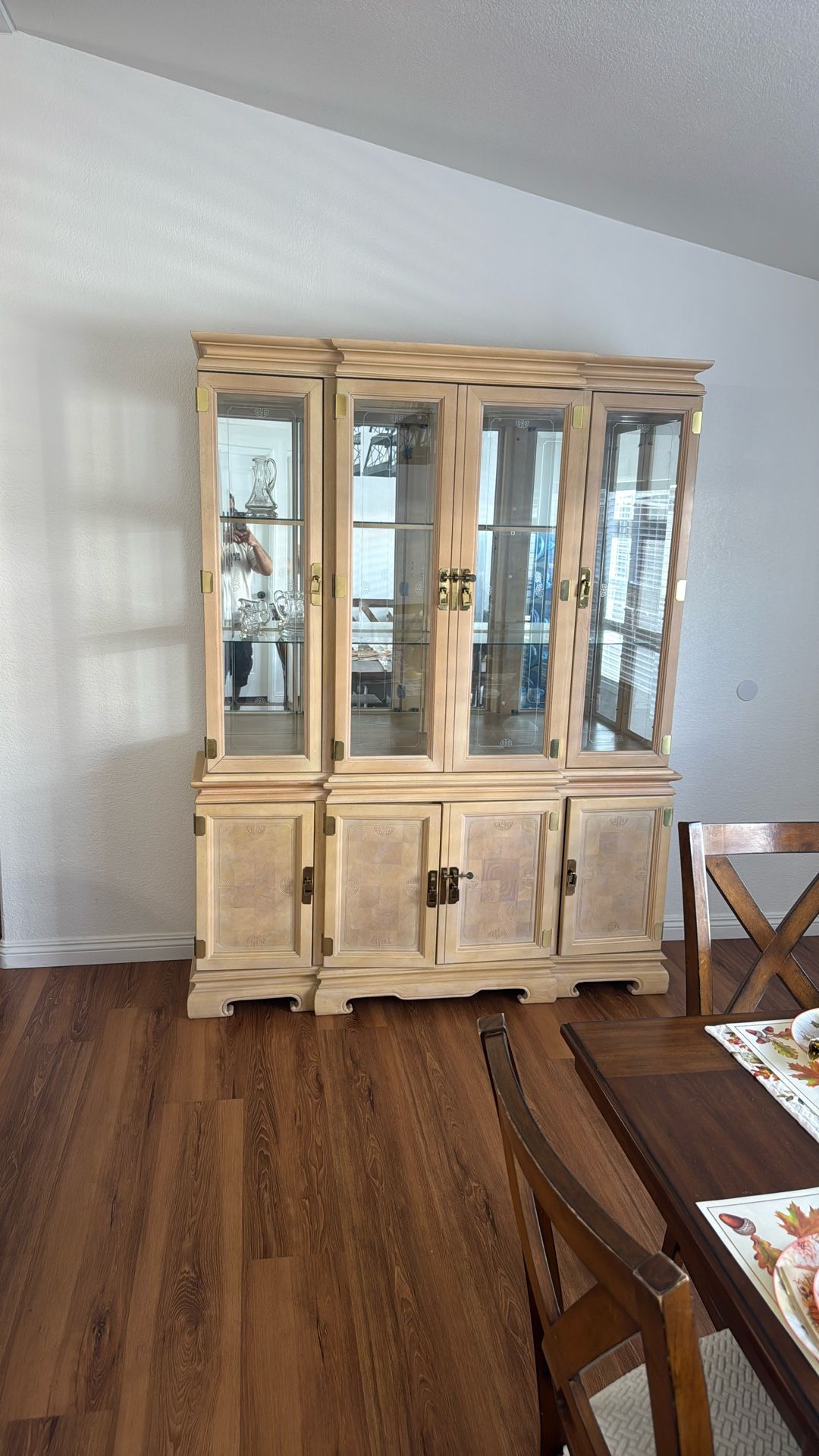 Vintage Light Wood China Cabinet / Display Hutch with Glass Doors