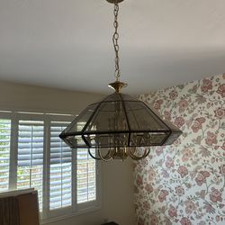 Vintage Smoked Glass & Brass Geometric Chandelier - Retro Style!