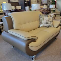 Genuine Leather Cream/Taupe Loveseat New