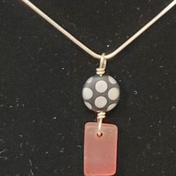 Rare White Polka Dots And Pink Rectangle Acrylic Pendants On 925 Sterling Silver Necklace 