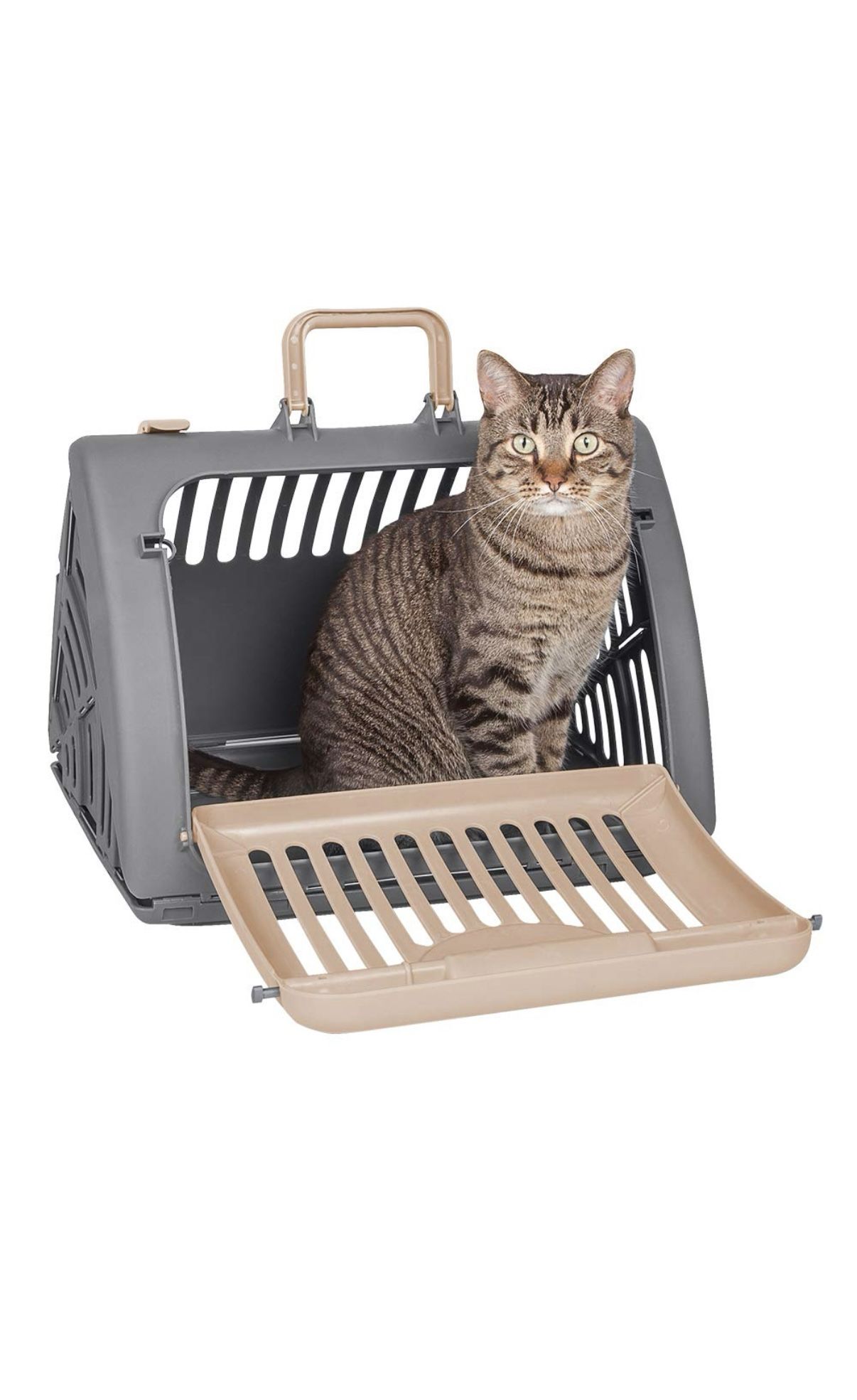 SportPet Designs Foldable Travel Cat Carrier - Front Door Plastic Collapsible Carrier, Gray and Tan, Medium