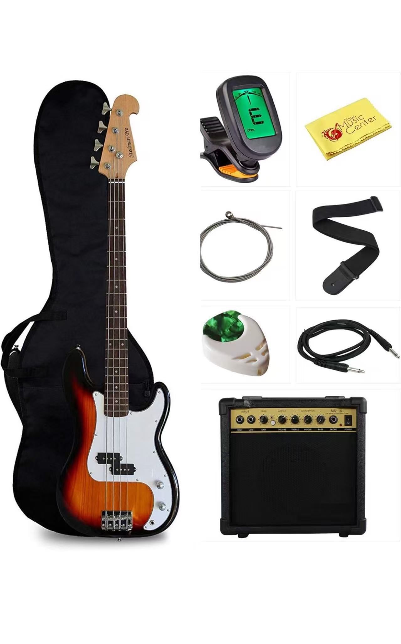 Beginner Series Bass Guitar Bundle with 15-Watt Amp, Gig Bag, Instrument Cable, Strap, Picks, and Polishing Cloth - Sunburst