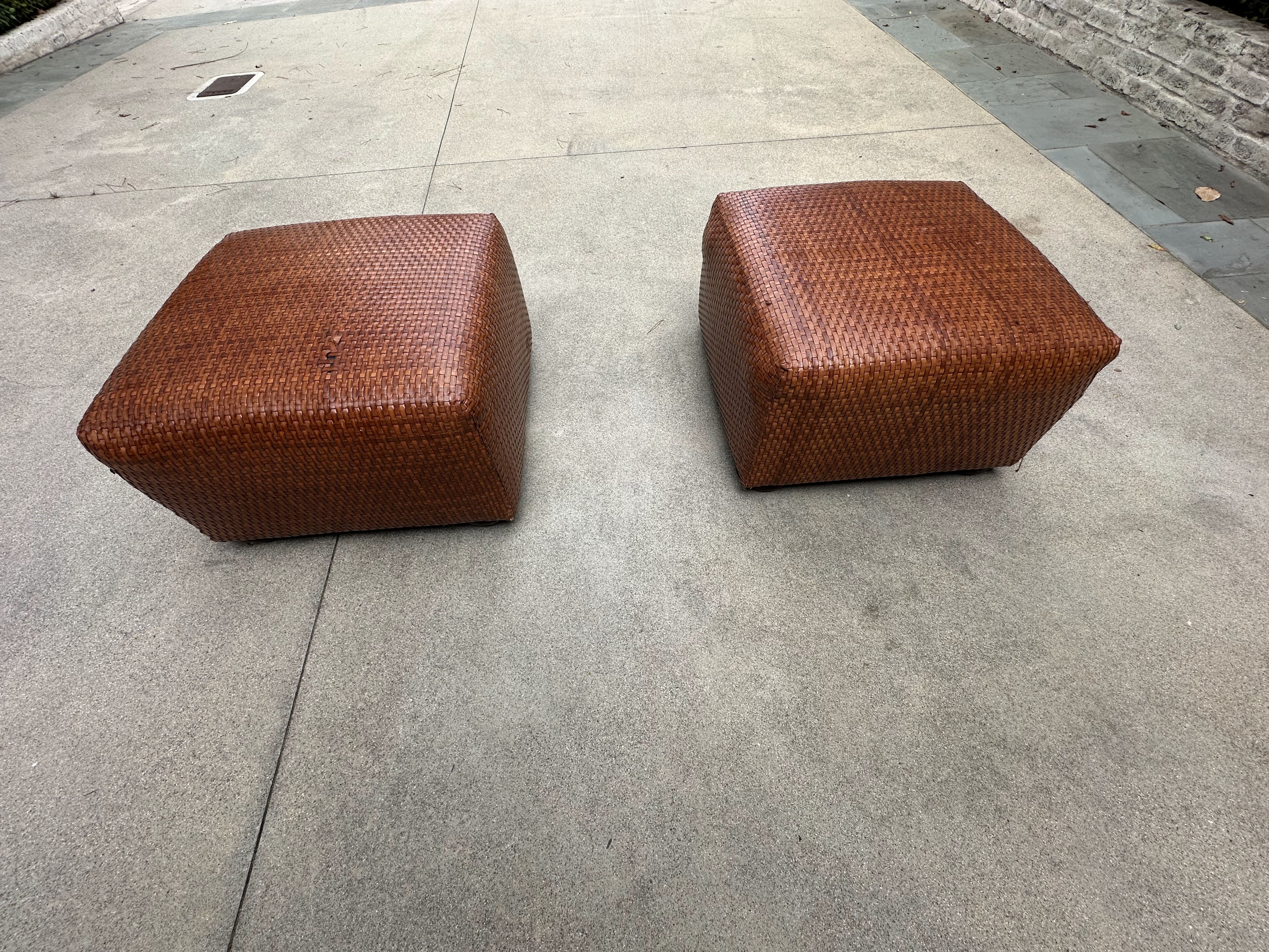 Pair of Vintage Mid-Century Modern Style Woven Leather Cube Ottomans – Cognac / Saddle Brown (Manhattan Beach) $650 OBO