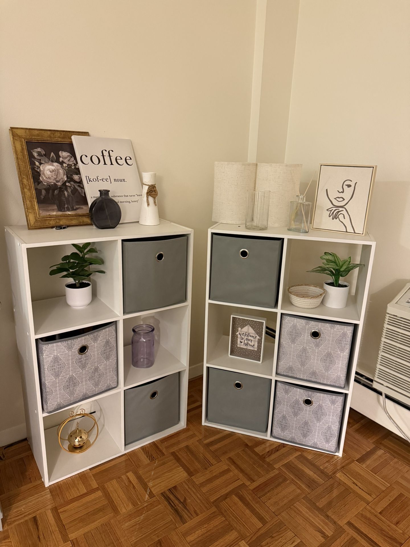 2 White Cube Storage Shelves (6-Cube Each) + Storage Bins & Decor – Full Set