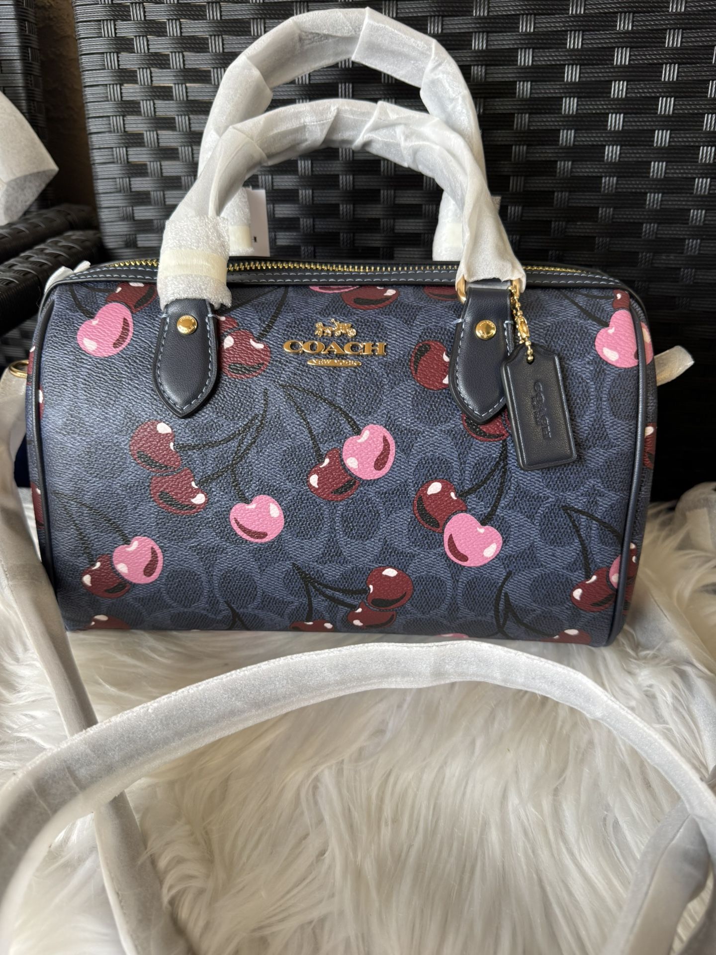 COACH CY692 Rowan Satchel Bag Signature Canvas With Cherry 🍒Print Denim Multi