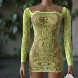 Sexy neon fluorescent yellow lace mesh bodycon mini dress with long sleeves