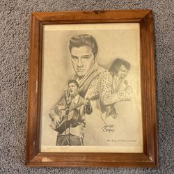 Elvis Vintage Lithograph Black & White Wall Art Wood Framed Picture, Joseph Catalano