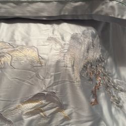 Moving, MUST SELL! Hand embroidery on QUEEN SIZE ‘ICE FEEL’ SATIN PALE BLUE DUVET COVER (w/ 14 Lb Weighted Duvet insert, 2 Matching shams, 1 Bedskirth