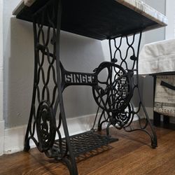 Antique Singer Sewing Cast Iron Base Side Table w Marble Top × 2